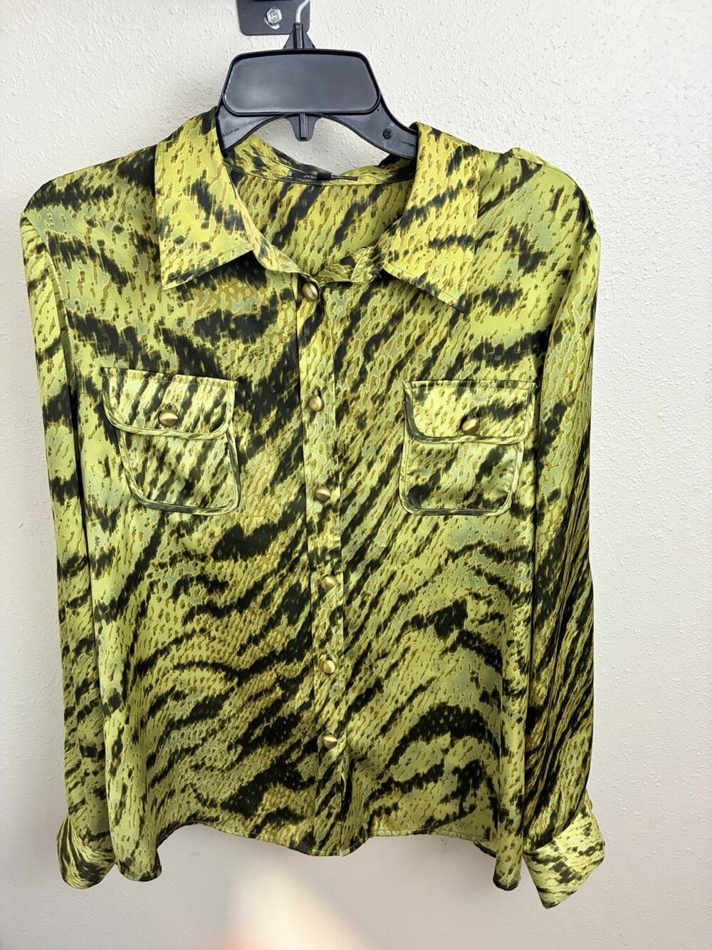 Anne Klein Womens Olive Green Brown Animal Print Button Down Blouse XL